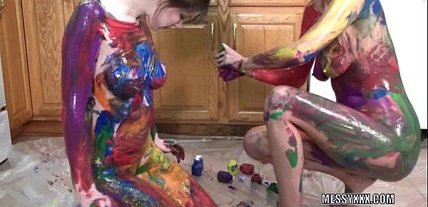  Tattooed redheads Indigo and Lavender get erotic with paint